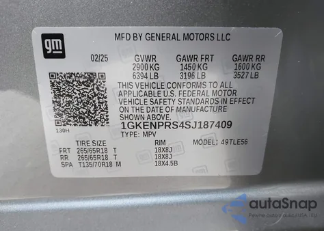 2025 GMC Acadia Awd At4 from USA, damaged, VIN 1GKENPRS4SJ187409